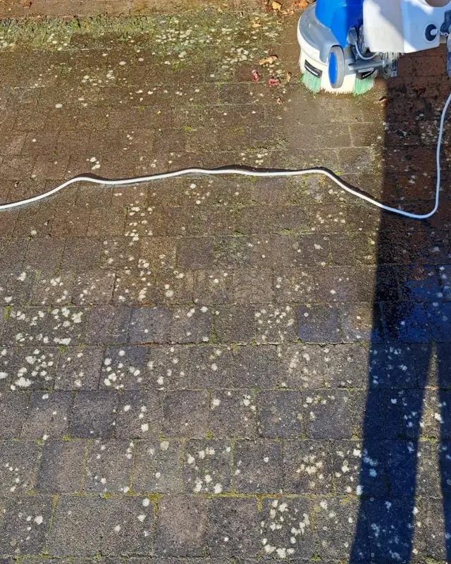 Groene betonklinkers met de borstelmachine en waterslang