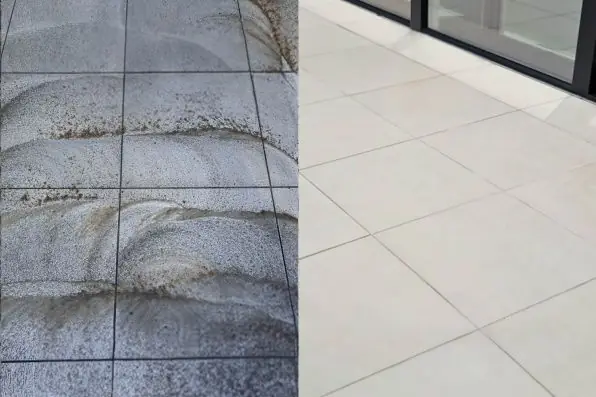 Links tegels met cementsluier, rechts een gereinigde witte tegel