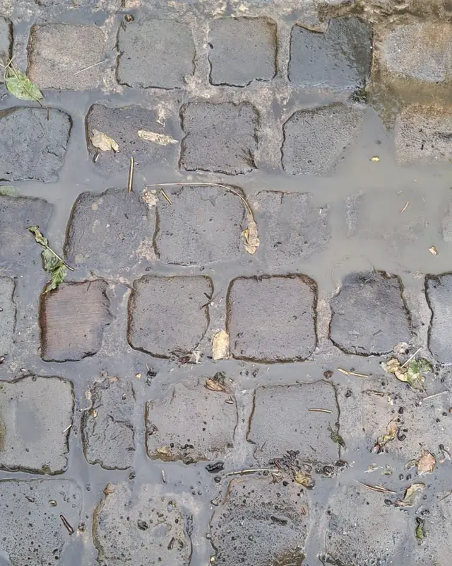 Kasseien met witte vlekken en aangekoekt vuil