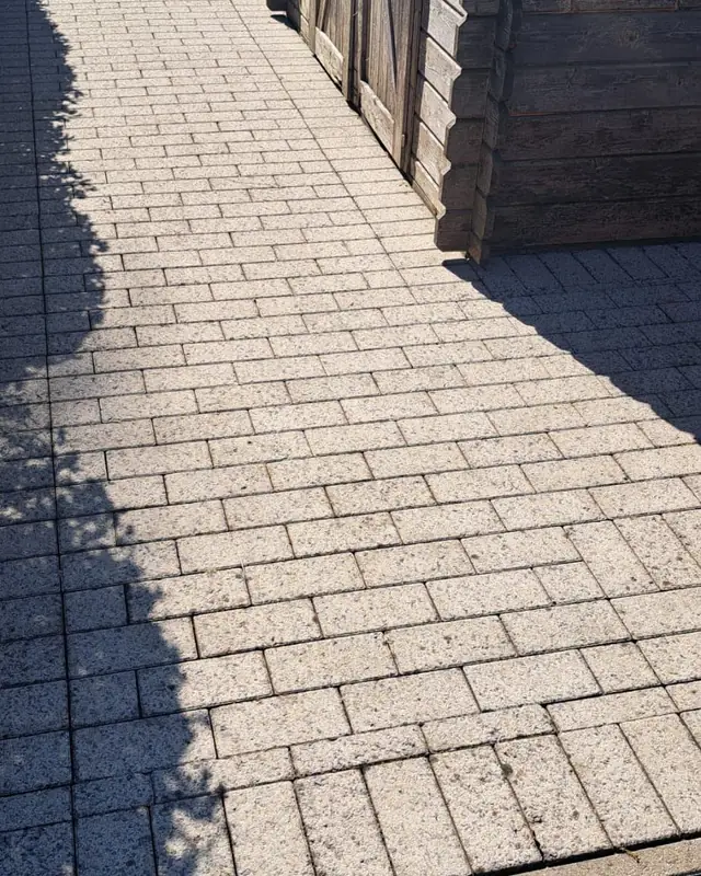 Licht en proper klinkerpad naast het tuinhuis
