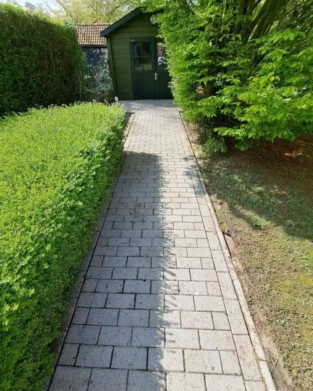 Hetzelfde tuinpad gereinigd tussen de hagen